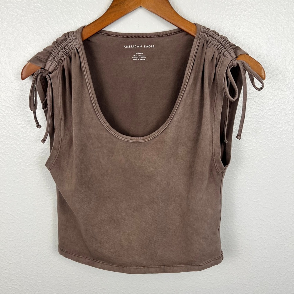 American Eagle Brown Cinched Shoulder Tie Cropped Top Small Earthy Layer Granola